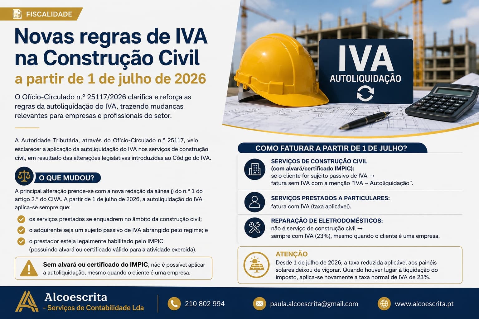 Imagem de destaque do artigo: Novas regras de IVA na Construção Civil: o que muda a partir de 1 de julho de 2026?